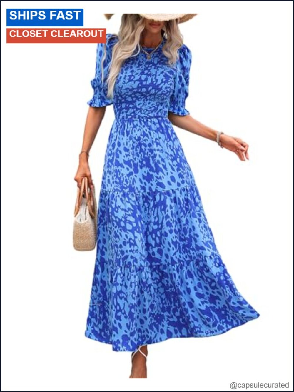 Women's Floral Maxi Dress Smocked Puff Sleeve Tiered A-Line